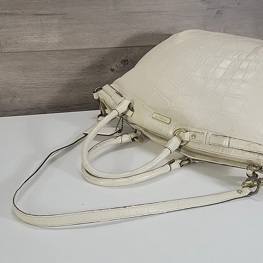 Coach Off-White Croc-Embossed Leather Top-Handle Satchel Crossbody Bag F23042